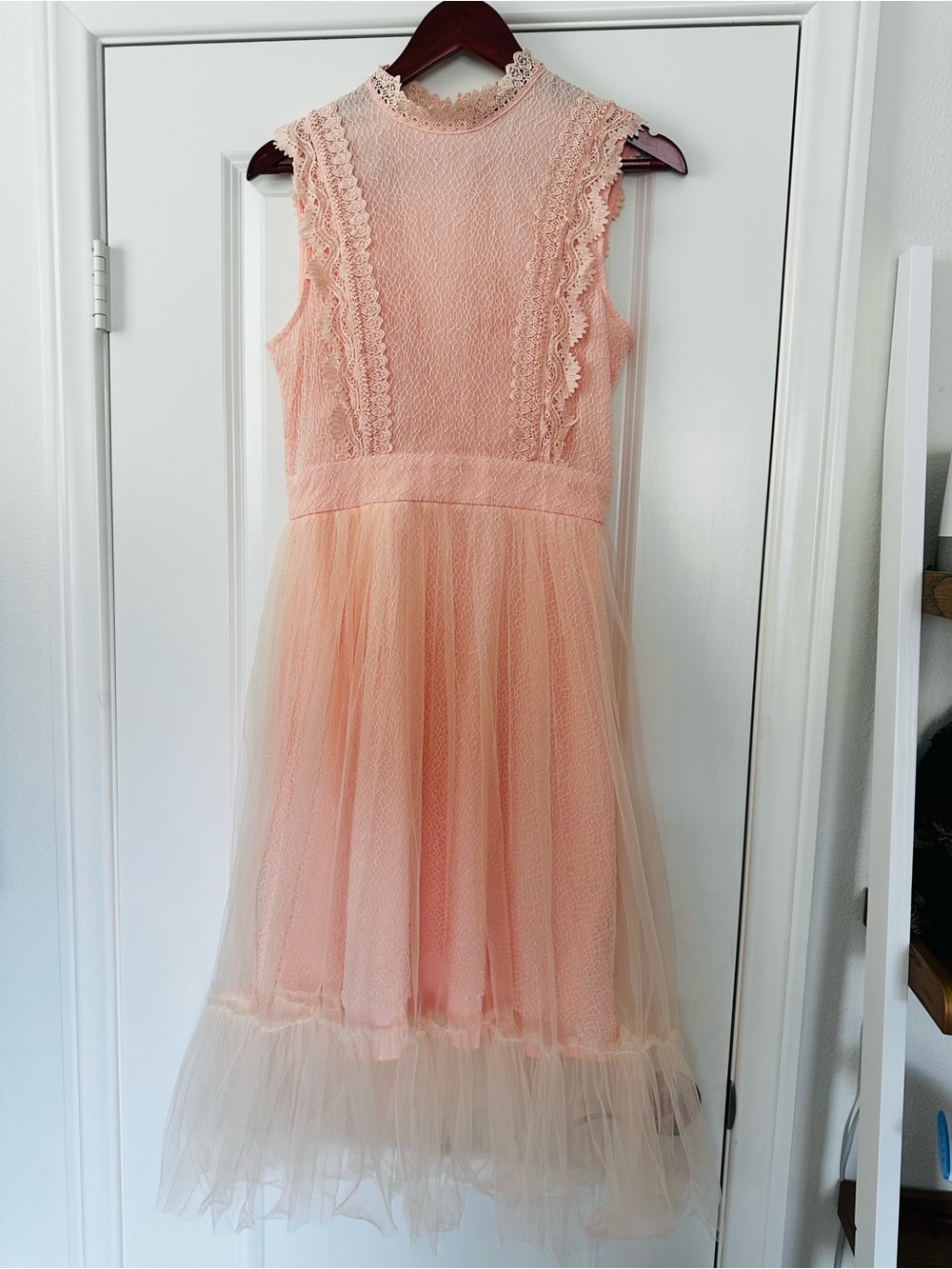 Peach Lace Tulle Midi Dress Balletcore Coquette Fully Lined Size Medium